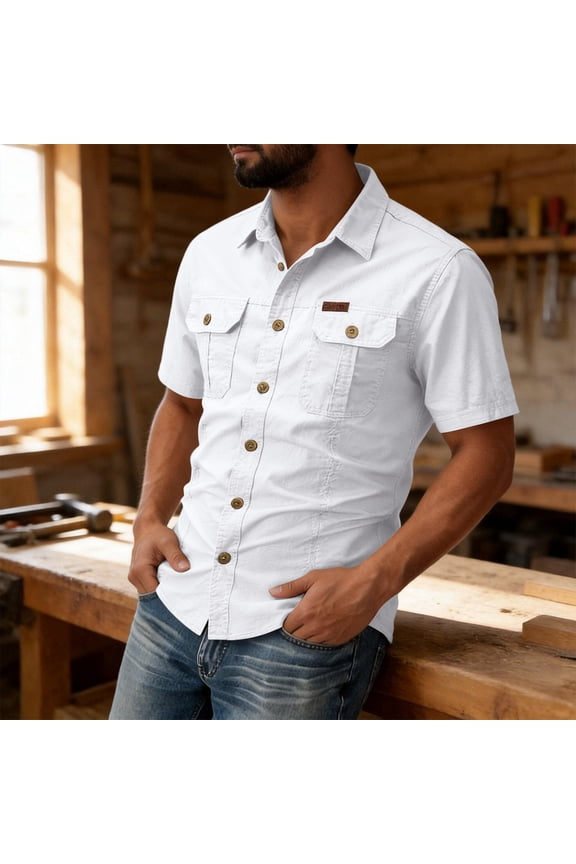 Mens 4-Way Stretch Lightweight Outdoor Shirt Meshed Back-Vent Short Sleeve Button Down Shirts with Pockets,White M