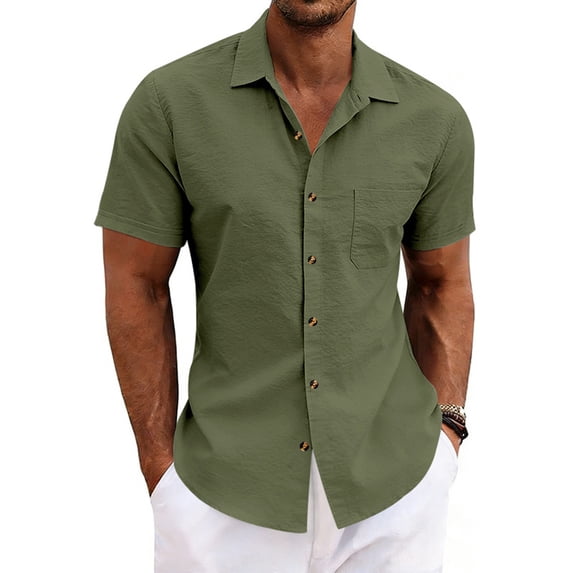 Yifymode Mens Button Down Shirts Short Sleeve Casual Shirt Summer Beach Wedding Tops with Pocket,Army Green XL