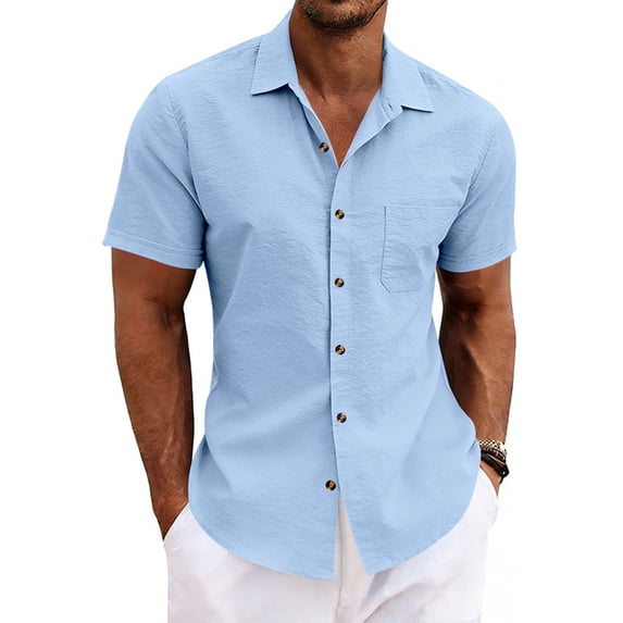 Yifymode Mens Button Down Shirts Short Sleeve Casual Shirt Summer Beach Wedding Tops with Pocket,Light Blue L