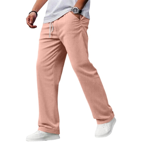 Yifymode Mens Corduroy Casual Pants Fashion Loose Fit Wide Leg Pants Straight Sweatpants Elastic Waist Drawstring,Pink S