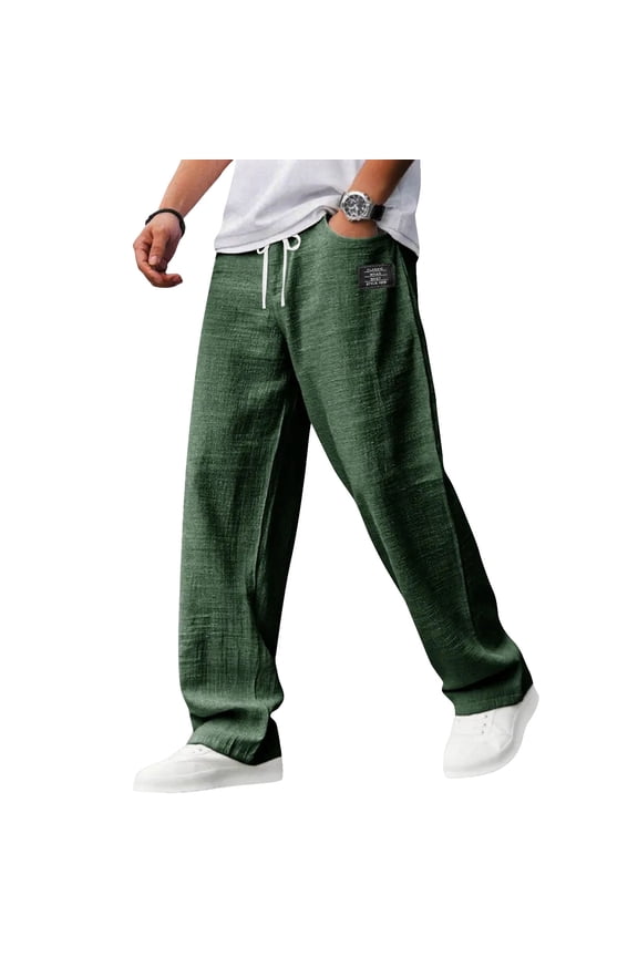Mens Linen Pants Elastic Waist Drawstring Loose Fit Casual Summer Beach Pants with Pockets Baggy Trousers,Green L