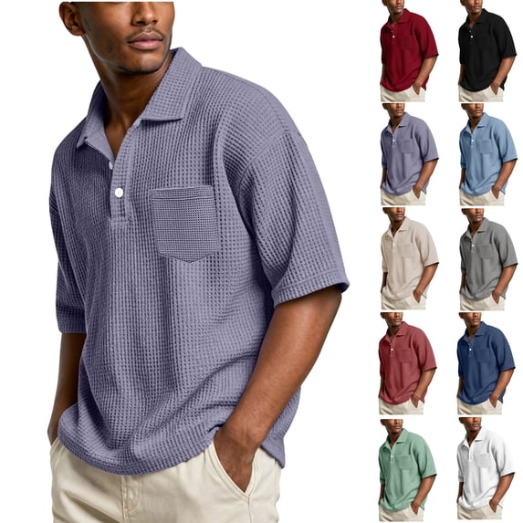 Yifymode Mens Polo Shirts Short Sleeve Loose Fit Golf Shirt with Pocket Casual Collared Shirt Textured Knit Tops Workout Shirts