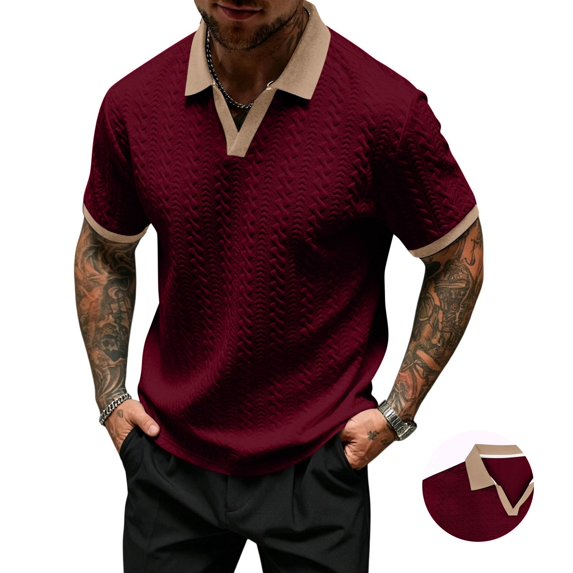 Yifymode Mens Polo Shirts Textured Knit Polo Short Sleeve Color Block T Shirt Stretchy Regular Fit Collared Golf Tops Clothes