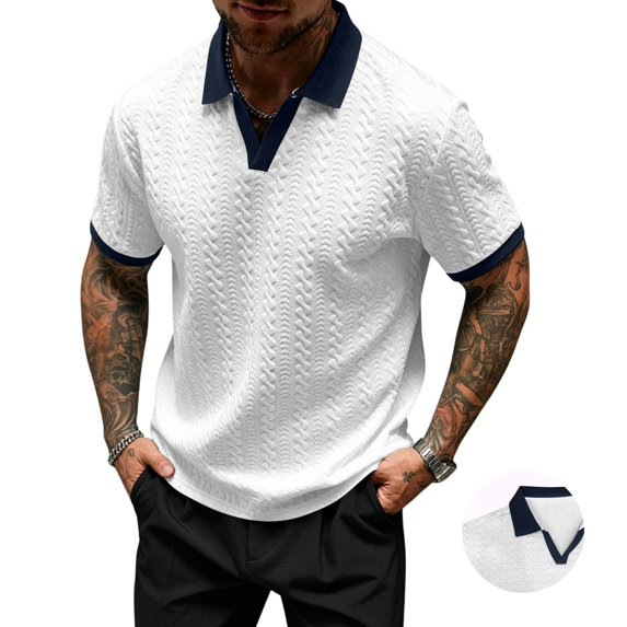 Yifymode Mens Polo Shirts Textured Knit Polo Short Sleeve Color Block T Shirt Stretchy Regular Fit Collared Golf Tops Clothes