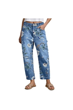 Mid Rise Barrel Leg Jeans for Women Wash Floral Print Flap Casual Denim Jeans with Pockets,Blue L
