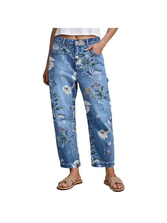 Mid Rise Barrel Leg Jeans for Women Wash Floral Print Flap Casual Denim Jeans with Pockets,Blue L
