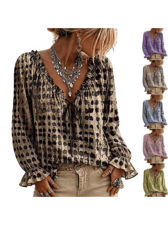 Polka Dot Lace Up Blouse,Flowy Boho Peasant Tops for Women | Ruffle Long Sleeve V Neck,Abstract Geometric Print Fall Casual Bohemian Tops