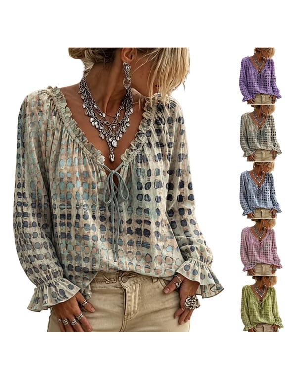 Polka Dot Lace Up Blouse,Flowy Boho Peasant Tops for Women | Ruffle Long Sleeve V Neck,Abstract Geometric Print Fall Casual Bohemian Tops