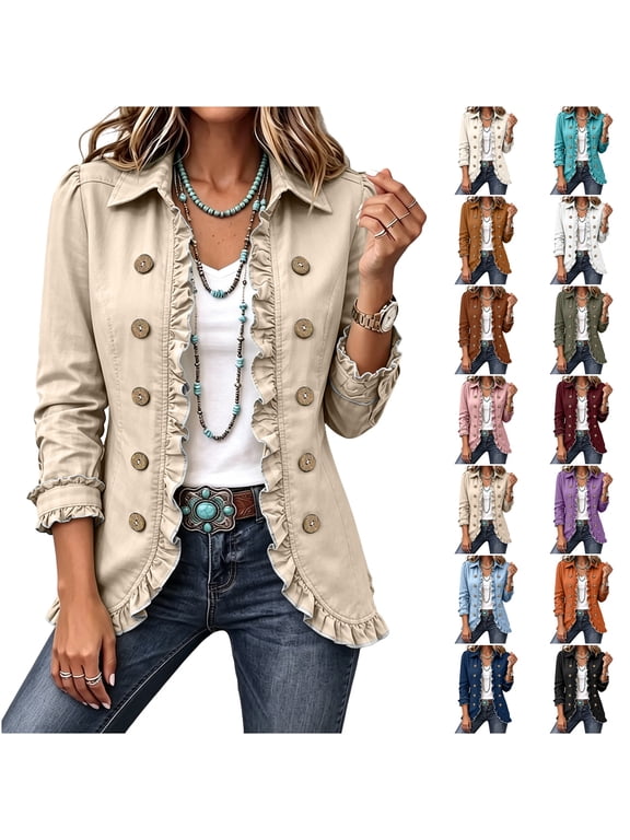 Ruffle Trim Jackets for Women Floral Embroidered Double‑Breasted Cardigan | Lapel Collar, Vintage Boho Casual, Fall Coats for Women