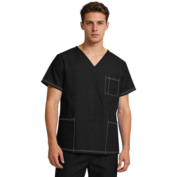 Yifymode Unisex V Neck Short Sleeve Medical Scrub Top, Three Pockets Lightweight Breathable Work Top Black L