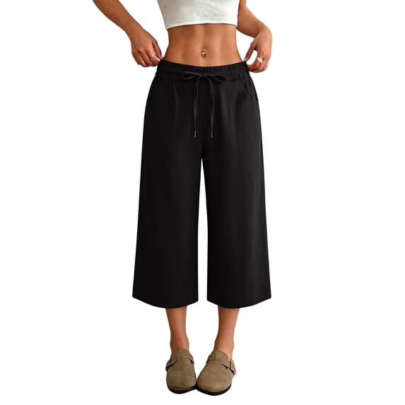 Yifymode Wide Leg Cropped Pants for Women Baggy Summer Linen Capris Oversized Palazzo Capri Pants Beach Boho Lounge Flowy Pant,Black L
