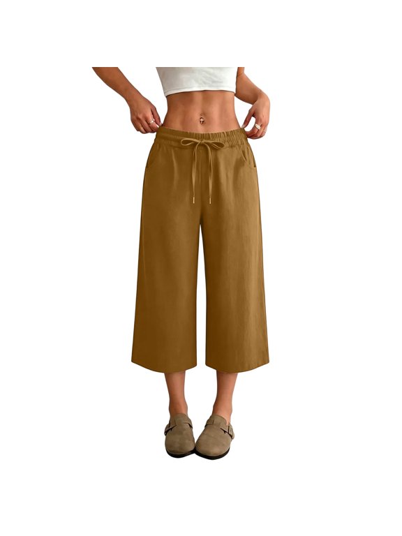 Wide Leg Cropped Pants for Women Baggy Summer Linen Capris Oversized Palazzo Capri Pants Beach Boho Lounge Flowy Pant,Coffee XL