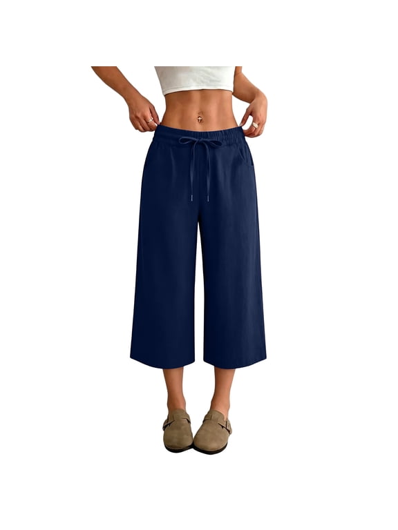 Wide Leg Cropped Pants for Women Baggy Summer Linen Capris Oversized Palazzo Capri Pants Beach Boho Lounge Flowy Pant,Navy L