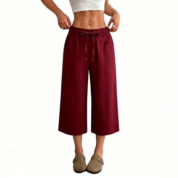 Yifymode Wide Leg Cropped Pants for Women Baggy Summer Linen Capris Oversized Palazzo Capri Pants Beach Boho Lounge Flowy Pant,Wine S