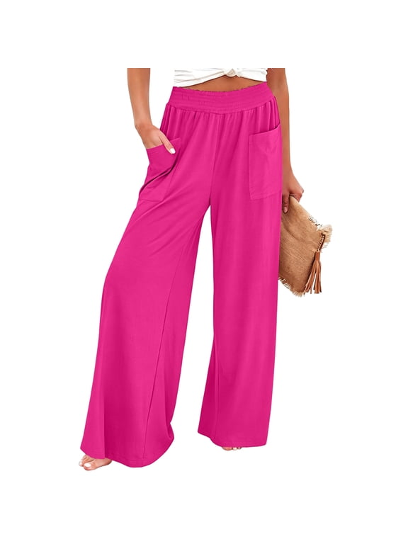 Wide Leg Pants for Women High Wasited Baggy Palazzo Pants Casual Pull On Bell Bottom Smocked Elastic Waist Pants,Hot Pink 2XL