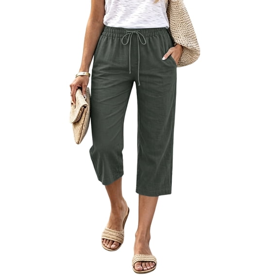 Yifymode Women Drawstring Elastic Waist Loose Straight Leg Capri Pants Casual Summer Cropped Trousers with Pockets,Army Green 2XL