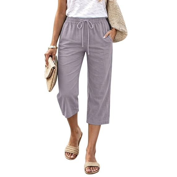 Yifymode Women Drawstring Elastic Waist Loose Straight Leg Capri Pants Casual Summer Cropped Trousers with Pockets,Light Gray L