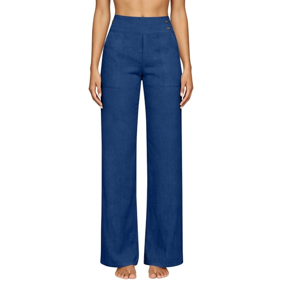 Yifymode Women High Waist Straight Leg Pants Casual Wide Leg Trousers with Pockets for Work,Navy S