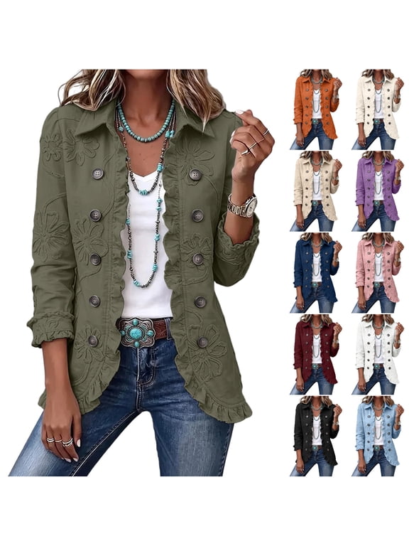Women Vintage Floral Jacket Ruffle Trim Long Sleeve Casual Coat | Outerwear,Stand High Collar,Boho Embroidery,Street Style,Travel.