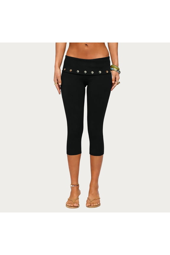 Women Y2k Low Rise Capris Button Grommet Foldover Capri Leggings Split Skinny Cropped Pants Going Out Capris Yoga Pants,Black XL