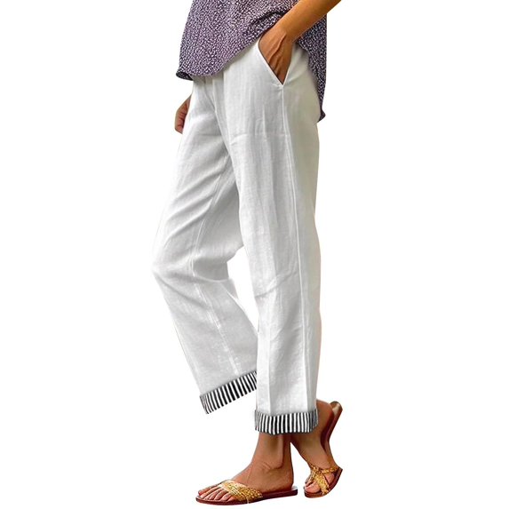 Yifymode Women's Ankle Length Straight Leg Cropped Pants Elastic Waist Summer Beach Vacation Trousers with Pockets,White L