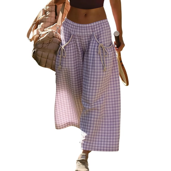 Yifymode Women's Gingham Plaid Wide Leg Capri Culottes Elastic Waist Palazzo Pants Summer Casual Wear,Light Purple M