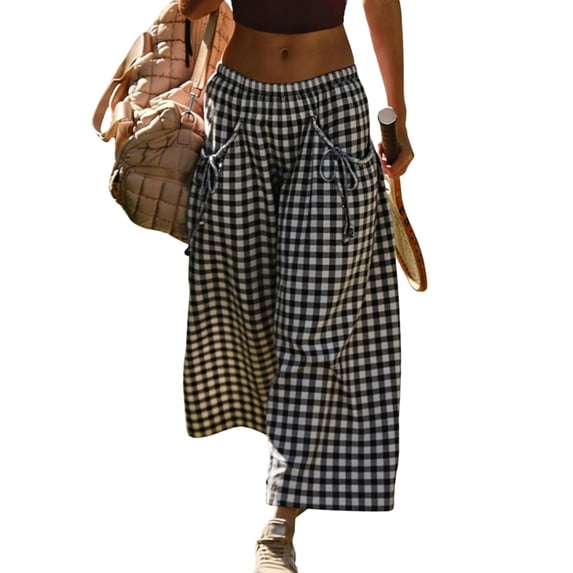 Yifymode Women's Gingham Plaid Wide Leg Capri Culottes Elastic Waist Palazzo Pants Summer Casual Wear,Silver L
