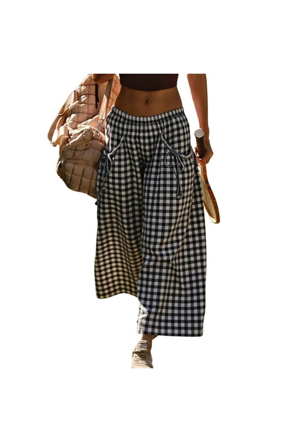 Women's Gingham Plaid Wide Leg Capri Culottes Elastic Waist Palazzo Pants Summer Casual Wear,Silver S