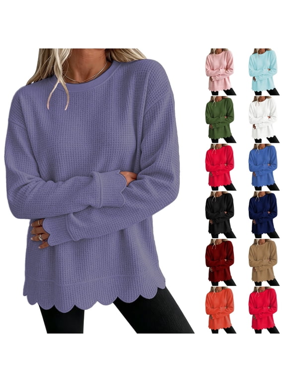 Women's Oversized Waffle Knit Sweatshirt Scalloped Hem Long Sleeve Crewneck Drop Shoulder Casual Pullover Tunic Top Loungewear