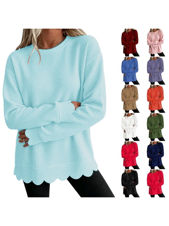 Women's Oversized Waffle Knit Sweatshirt Scalloped Hem Long Sleeve Crewneck Drop Shoulder Casual Pullover Tunic Top Loungewear