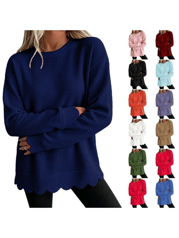 Women's Oversized Waffle Knit Sweatshirt Scalloped Hem Long Sleeve Crewneck Drop Shoulder Casual Pullover Tunic Top Loungewear