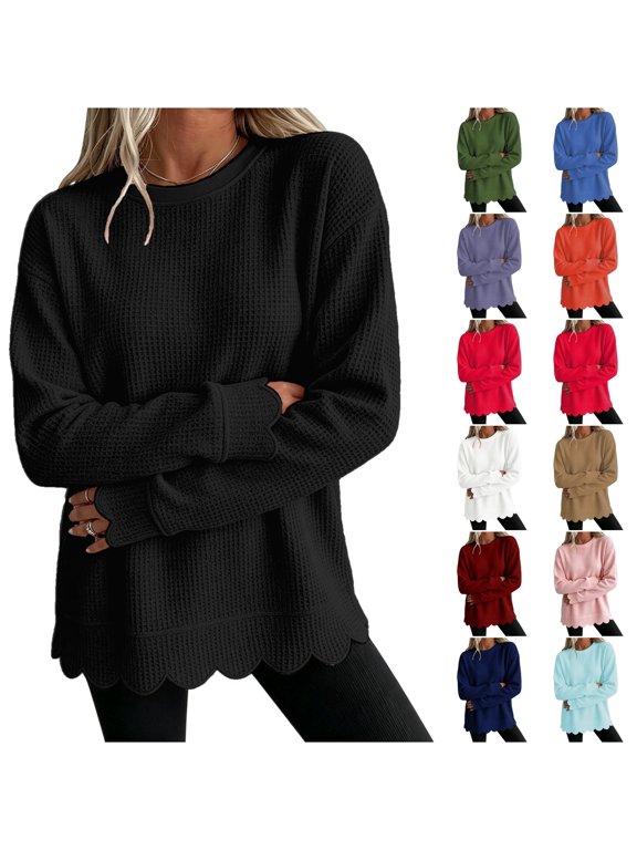 Women's Oversized Waffle Knit Sweatshirt Scalloped Hem Long Sleeve Crewneck Drop Shoulder Casual Pullover Tunic Top Loungewear
