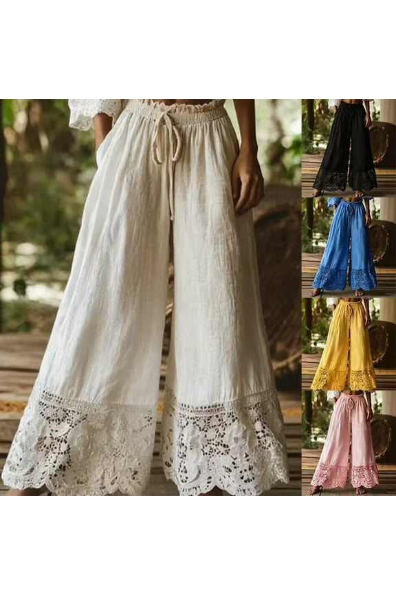 Womens Boho Lace Patchwork Hem Pants Summer Wide Leg Drawstring Elastic Waist Trousers Casual Loose Fit Solid Pants