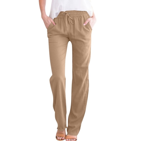 Yifymode Womens Casual Drawstring Elastic Waist Summer Straight Leg Beach Lounge Trousers with Pockets,Khaki 3XL