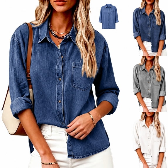 Yifymode Womens Denim Shirt Long Sleeve Button Down Jean Shirts Casual Loose Tops with Pocket for Everyday Wear