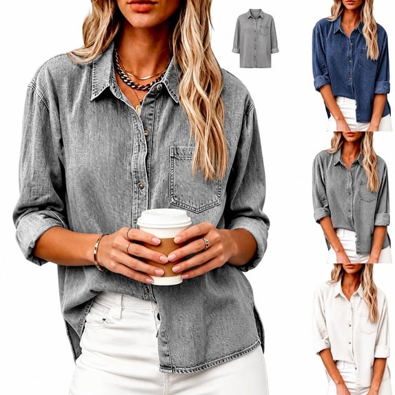 Yifymode Womens Denim Shirt Long Sleeve Button Down Jean Shirts Casual Loose Tops with Pocket for Everyday Wear