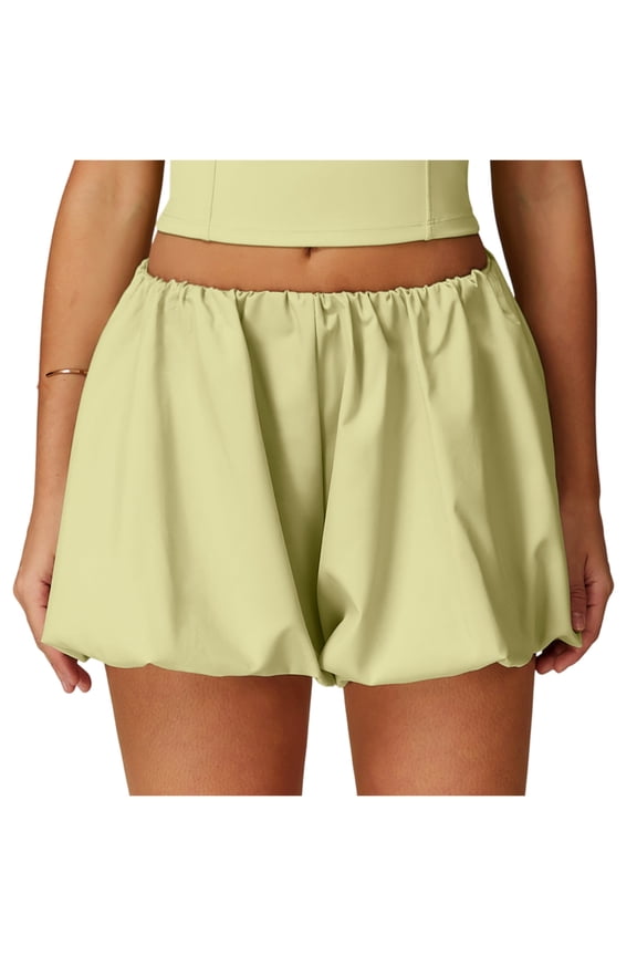 Womens Fashion Bubble Shorts Pleated Elastic High Waisted Shorts Casual Solid Temperament Bottoms Summer,Light Green S
