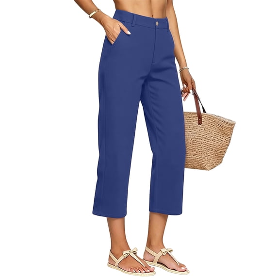 Yifymode Womens Pants Summer Casual High Waist Straight Leg Pants Loose Fit Lightweight Lounge Trousers with Pockets,Blue L