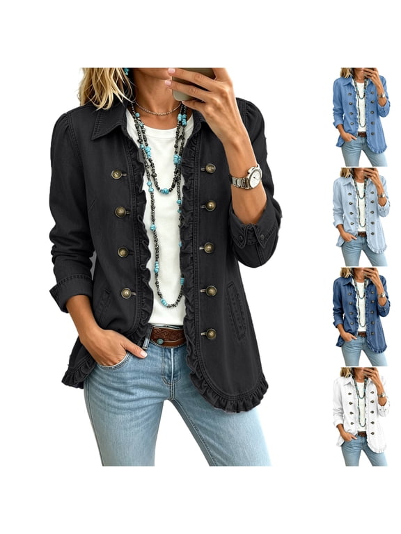 Womens Ruffled Double Breasted Denim Jacket Casual Blazer | Chic, Lapel Collar, Functional Pockets Lightweight Fabric Dressy Casual Wear