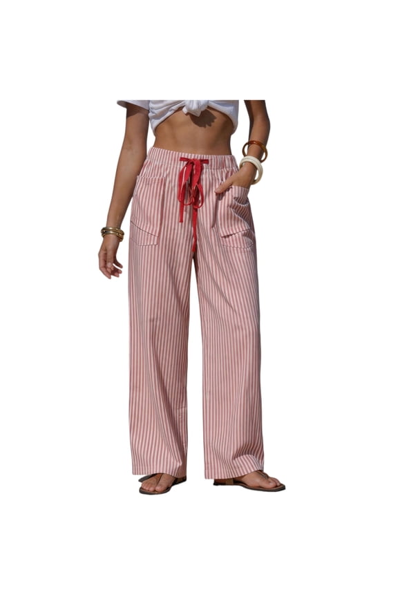 Womens Summer Striped Pants Comfy Drawstring Wide Leg Pants Pockets Resort Beach Vacation Lounge Trousers,Red 2XL