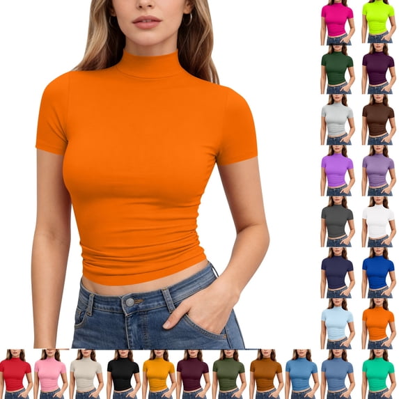 Yifymode Womens Tops Mock Neck Short Sleeve Slim Basic Summer Fall Basic Tee Mock Turtleneck Tops Women Slim Fit Fashion Top