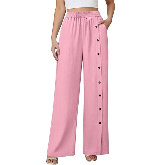 Yifymode Womens Wide Leg Pants Summer Casual Baggy Elastic High Waisted Palazzo Beach Vacation Slacks Trousers with Pockets,Pink S