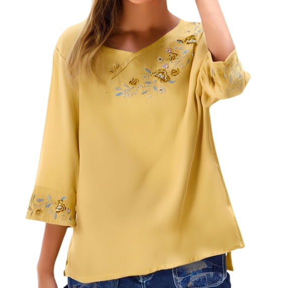 YigeTops 3/4 Sleeve Linen Shirts for Women Embroidered Tunic Loose Breathable Casual Summer Shirt Yellow 3XL