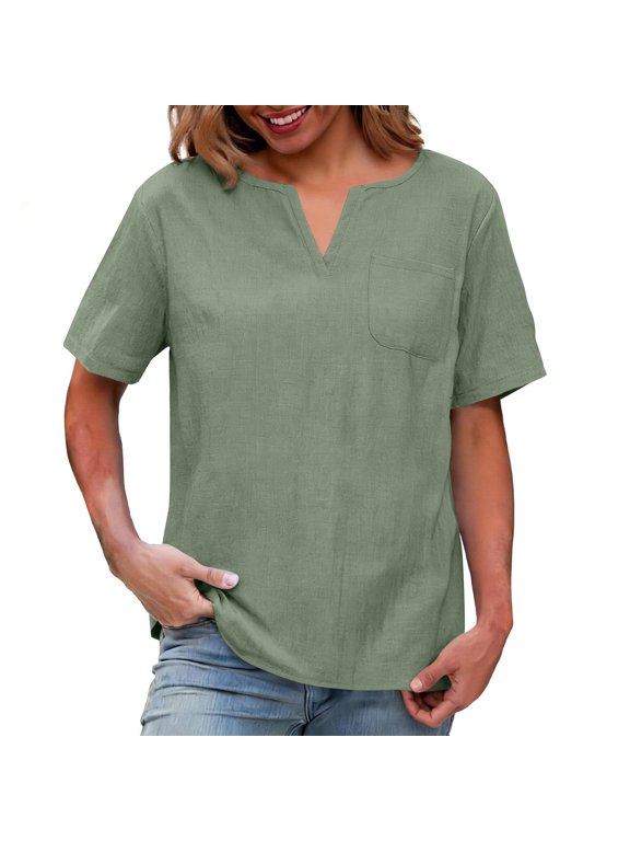 s Linen Shirts for Women V Neck Short Sleeve Loose Shirt Breathable Spring Summer Casual Vacation Tunic Blouse Green XL