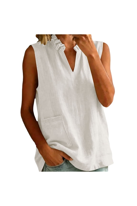 s Women's Linen V Neck Sleeveless Blouse Casual Breathable Summer Tank Tops White M