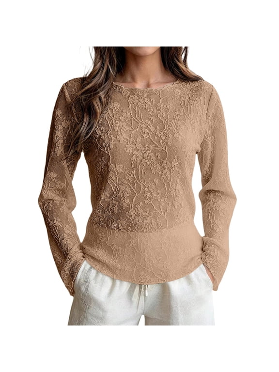 s Women's Long Sleeve Loose Shirt Crew Neck Casual Breathable Dressy Casual Layering Tops Khaki 2XL