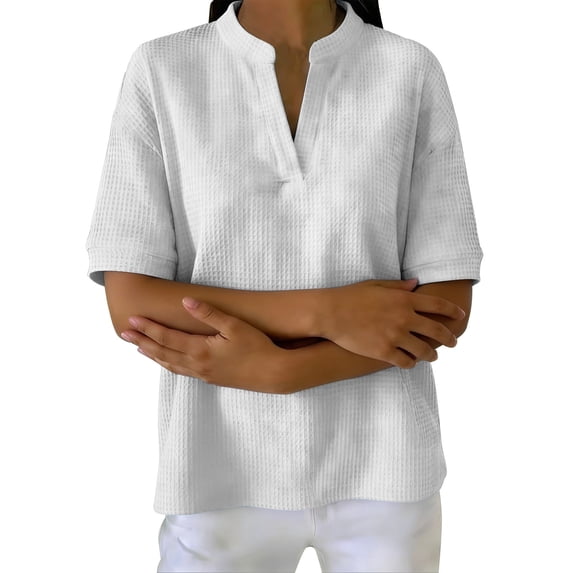 YigeTops Women's Notch V Neck Short Sleeve Tee Casual Lightweight Polyester Loose Daily Summer Blouse White 2XL
