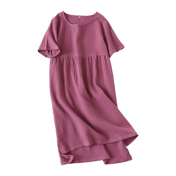 YigeTops Women's Plus Size Cotton Crepe Short Sleeve Loose House Dress Relaxed Loungewear Nightdress Red M