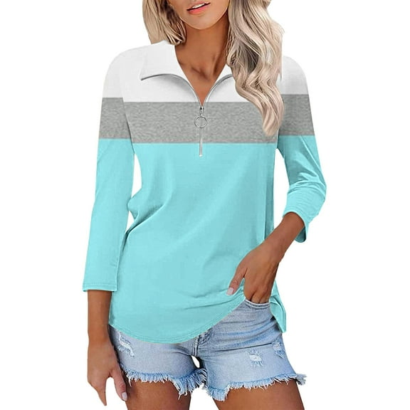 Yigetop 3/4 Sleeve Tops for Women, Women's V Neck 3/4 Sleeve Tops Quarter Zip Collared Shirts Shirts Summer Tees Business Casual Tops for Women Blue S