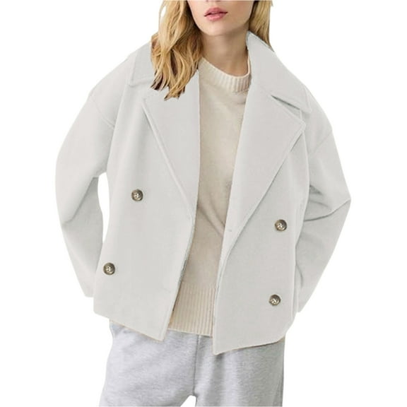 Yigetop Abrigos De Mujer Elegantes Womens Cropped Coat Long Sleeve Notched Lapel Trench Overcoat Fall Winter Casual Business Wool Blend Coat Womens Pea Coat White XS